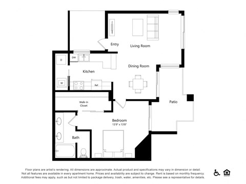 Floor plan for 1 bed, 1 bath, 883 sqft